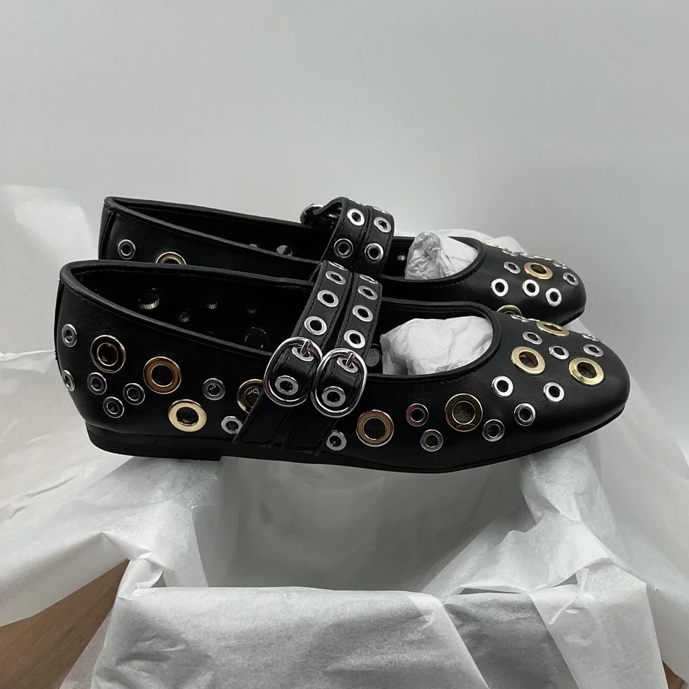 Aqua Gabbi Black Grommet Mary Jane Flats Double Buckle Mixed Metal Shoes Size 5M